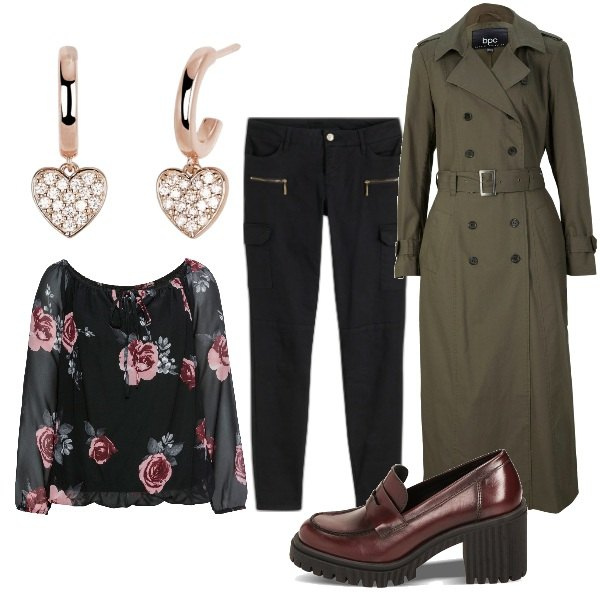 Outfit donna - Trench verde oliva. Stile Urban per Ufficio. Abbinamento con pantaloni cargo, bluse, trench, orecchini, mocassini.