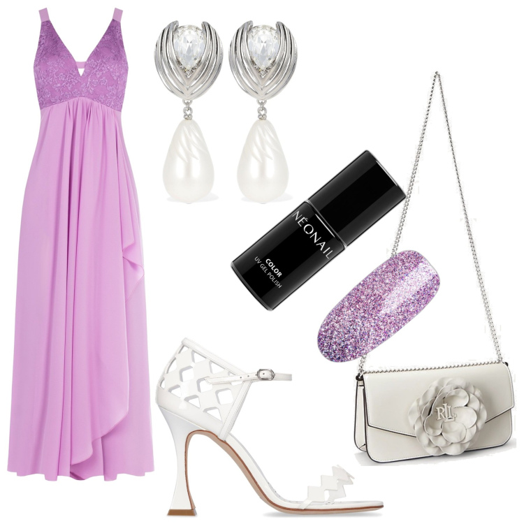 Outfit donna - Rosa pervinca. Stile Chic per Cerimonia. Abbinamento con smalti, vestiti lunghi, borse a spalla, sandali in pelle, orecchini.