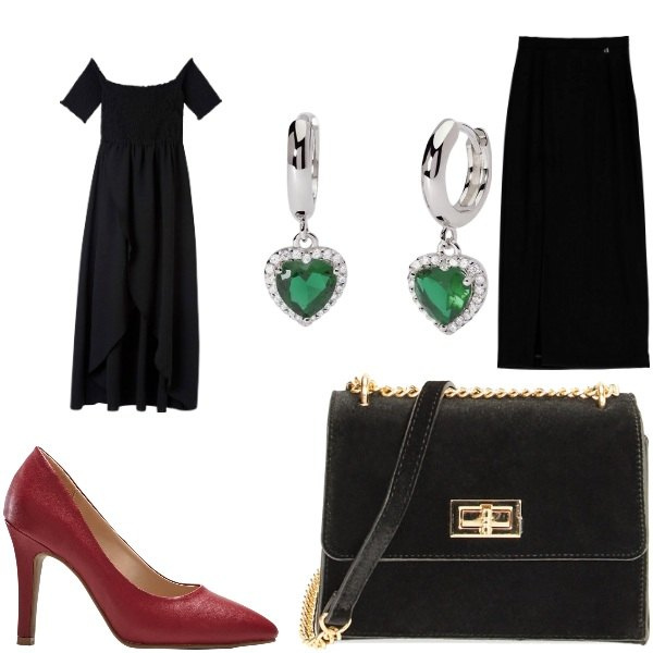 Outfit donna - serate eleganti. Stile Chic per Serata fuori. Abbinamento con décolleté, vestiti lunghi, orecchini, borse a tracolla, gonne lunghe.