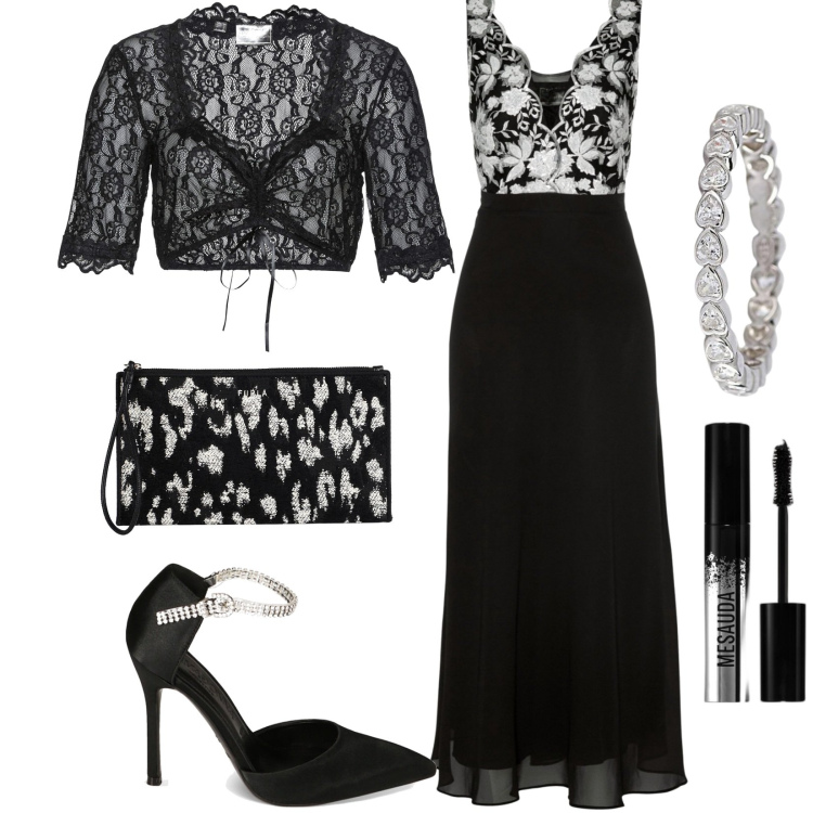 Outfit donna - Abito elegante dal look a strati. Stile Sexy per Cerimonia. Abbinamento con vestiti, camicie, borse a mano, mascara, anelli, décolleté.