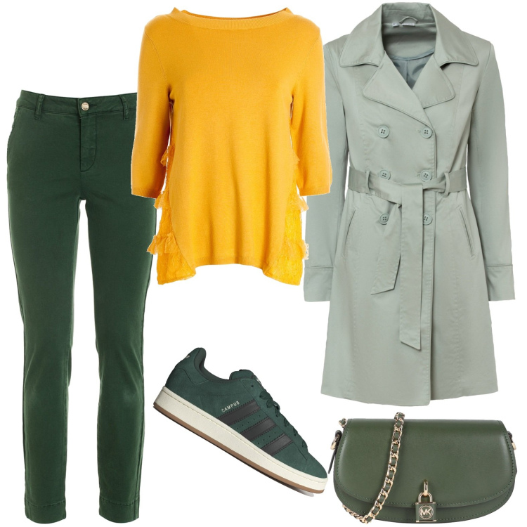 Outfit donna - Il calore del sole. Stile Casual chic per Tutti i giorni. Abbinamento con trench, borse a tracolla, maglieria, pantaloni, sneakers.