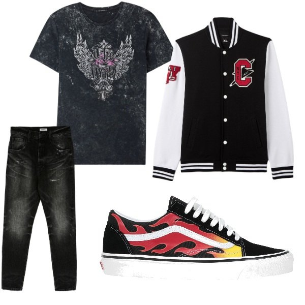 Outfit uomo - concerto rock. Stile Biker Rock per Tutti i giorni. Abbinamento con jeans slim fit, sneakers, bomber, t-shirt.