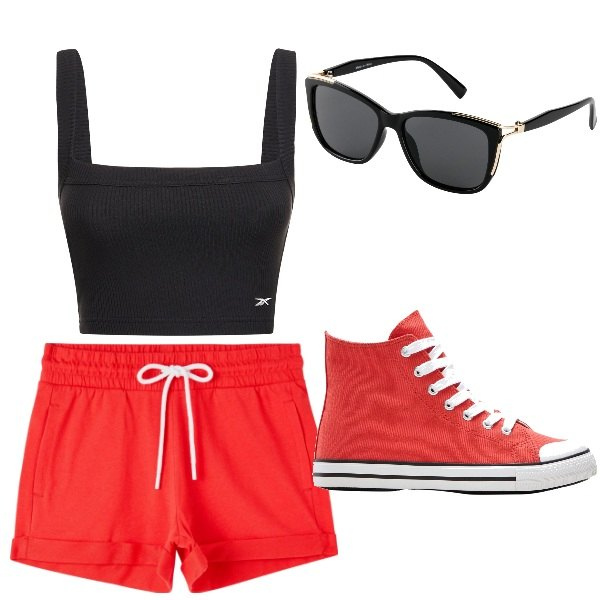 Outfit donna - vacanza al mare. Stile Casual per Mare. Abbinamento con occhiali da sole, sneakers alte, shorts, top.