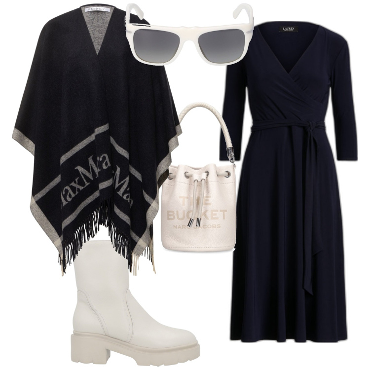 Outfit donna - Casual chic in centro. Stile Casual chic per Tutti i giorni. Abbinamento con stivaletti, vestiti, borse a secchiello, cappotti, occhiali da sole.