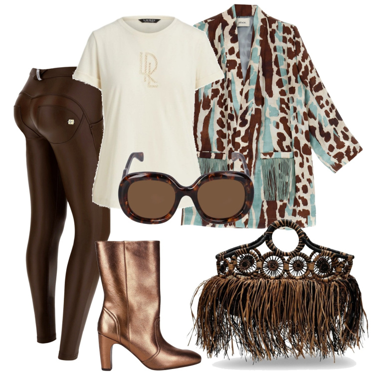 Outfit donna - Vesto originale. Stile Trendy per Tutti i giorni. Abbinamento con stivaletti, pantaloni skinny, blazer, t-shirt, borse a mano, occhiali da sole.