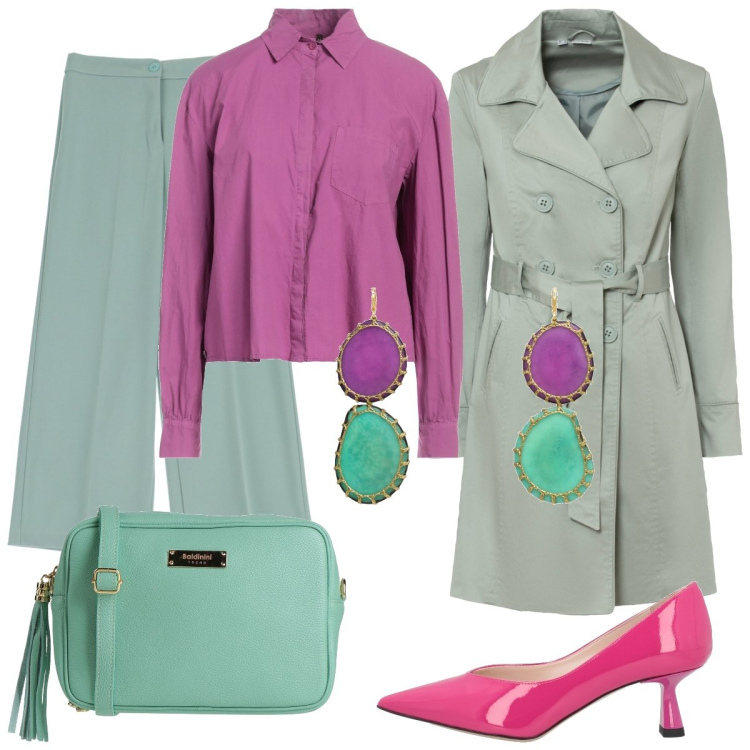 Outfit donna - Bon Bon. Stile Glamour per Serata fuori. Abbinamento con trench, camicie, orecchini, décolleté, borse a tracolla, pantaloni.