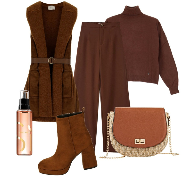 Outfit donna - Brown contest. Stile Casual chic per Tutti i giorni. Abbinamento con borse a tracolla, profumi, pantaloni, maglieria, stivaletti, gilet.