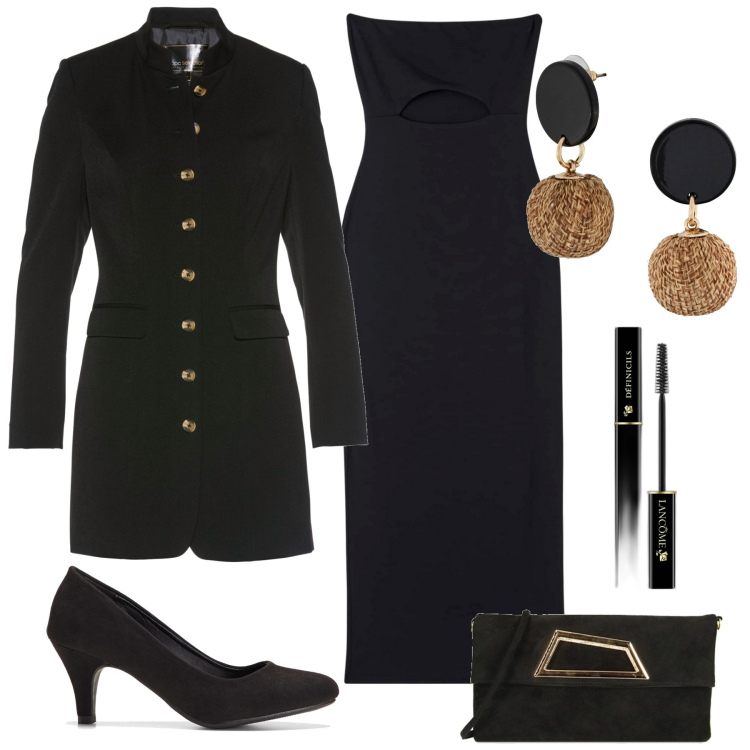 Outfit donna - Il blazer per la sera. Stile Sexy per Serata fuori. Abbinamento con orecchini, décolleté, blazer, mascara, vestiti lunghi, pochette.