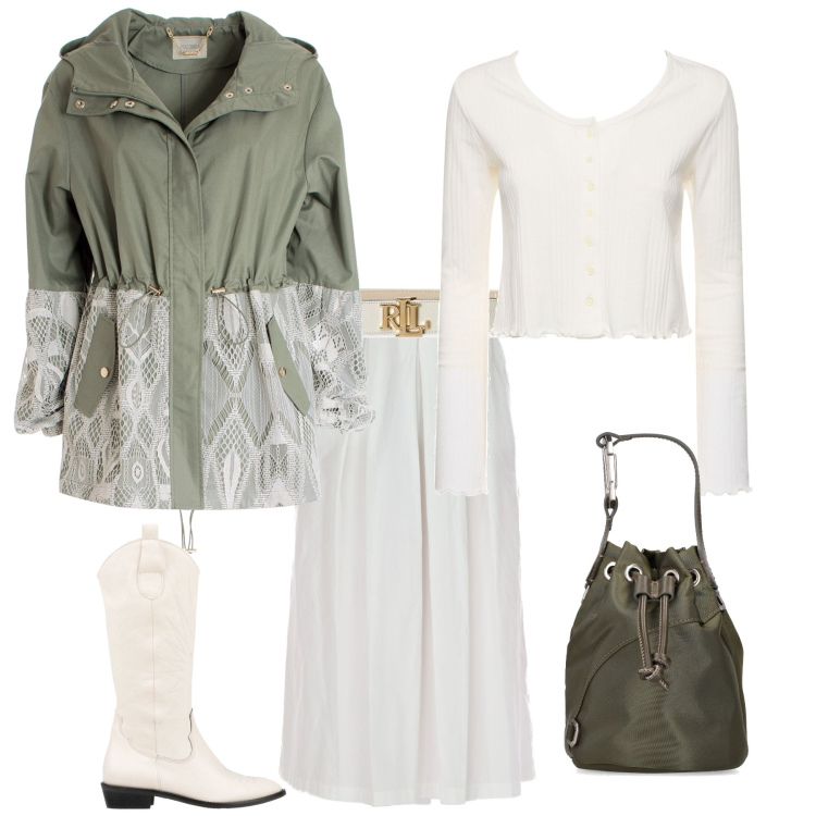 Outfit donna - Casual chic. Stile Casual chic per Tutti i giorni. Abbinamento con stivali, parka, cinture, gonne, borse a secchiello, top.