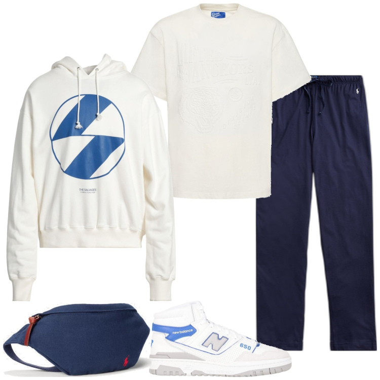 Outfit uomo - Sport. Stile Biker Rock per Sport. Abbinamento con sneakers alte, felpe con cappuccio, pantaloni, borse sportive, t-shirt.