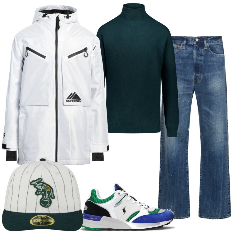 Outfit uomo - Total look #1821846. Stile Casual per Tutti i giorni. Abbinamento con giacche, sneakers, maglieria, jeans dritti, cappelli con visiera.