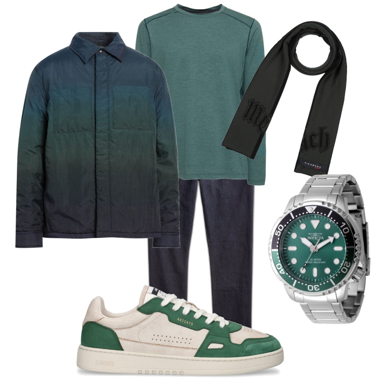 Outfit uomo - Sciarpa. Stile Casual per Tutti i giorni. Abbinamento con giacche, orologi, sciarpe, jeans, t-shirt, sneakers.