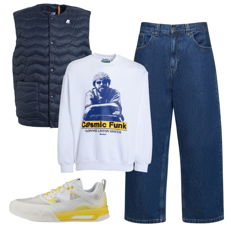 Outfit uomo - Lo smanicato K-way. Stile Urban per Tutti i giorni. Abbinamento con piumini, felpe, sneakers, jeans.