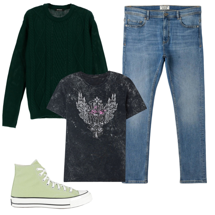 Outfit uomo - Una serata al pub. Stile Urban per Serata speciale. Abbinamento con pullovers, sneakers alte, jeans skinny, t-shirt.