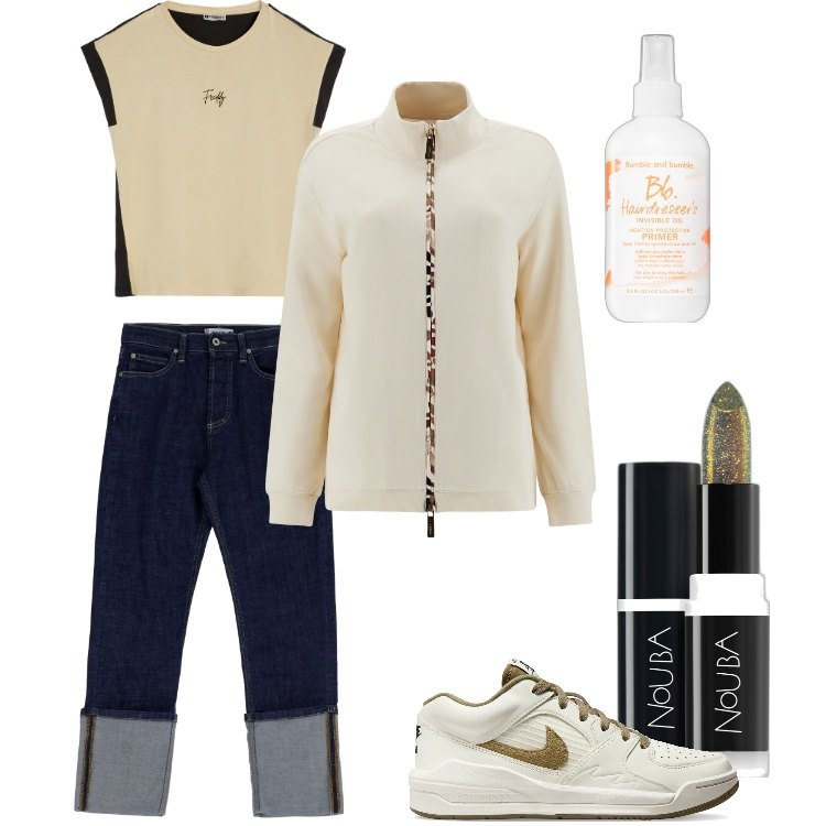 Outfit donna - Total look #1821873 - Febbraio. Stile Casual per Tutti i giorni. Abbinamento con primer, rossetti, jeans slim fit, felpe, t-shirt, sneakers.