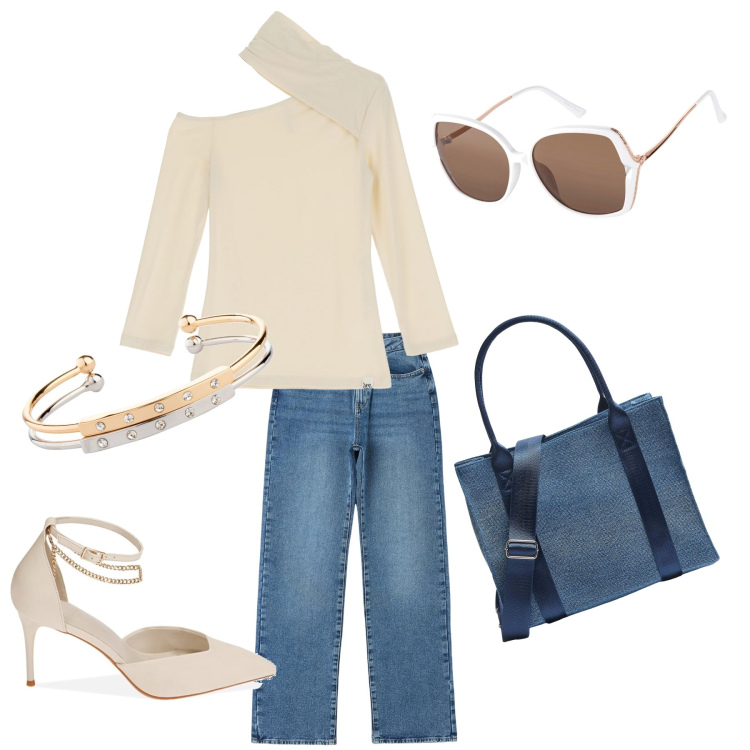 Outfit donna - Free look. Stile Casual per Tutti i giorni. Abbinamento con braccialetti, occhiali da sole, jeans dritti, shopping bag, maglieria, décolleté.