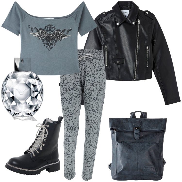 Outfit donna - Casual. Stile Casual per Tutti i giorni. Abbinamento con zaini, profumi, t-shirt, giacche, anfibi, pantaloni.