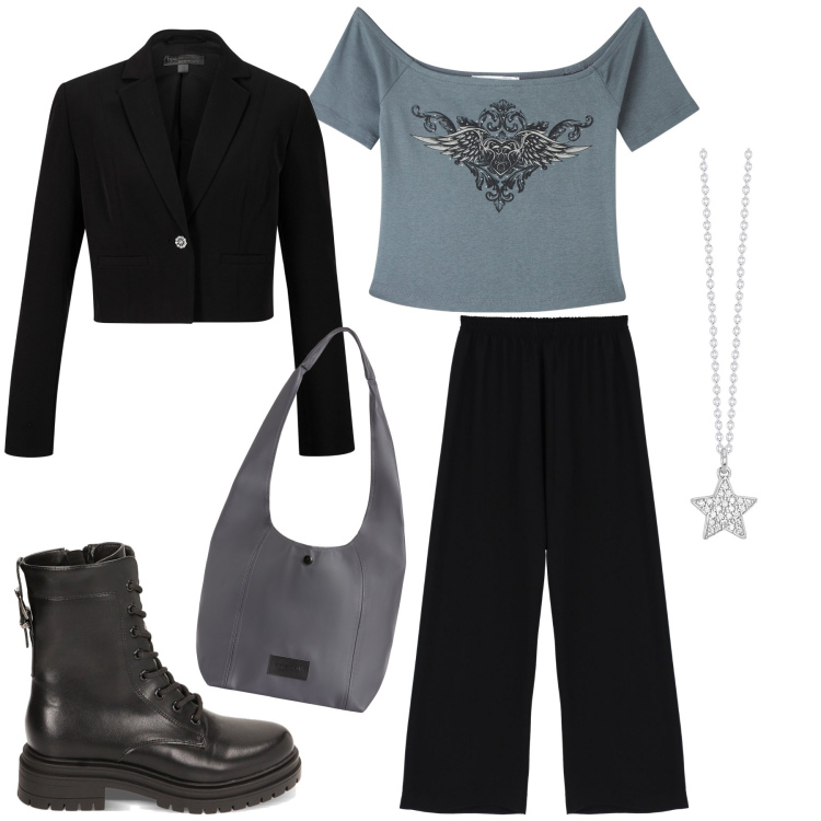 Outfit donna - New look. Stile Glamour per Tutti i giorni. Abbinamento con blazer, t-shirt, collane, pantaloni a palazzo, borse a spalla, anfibi.