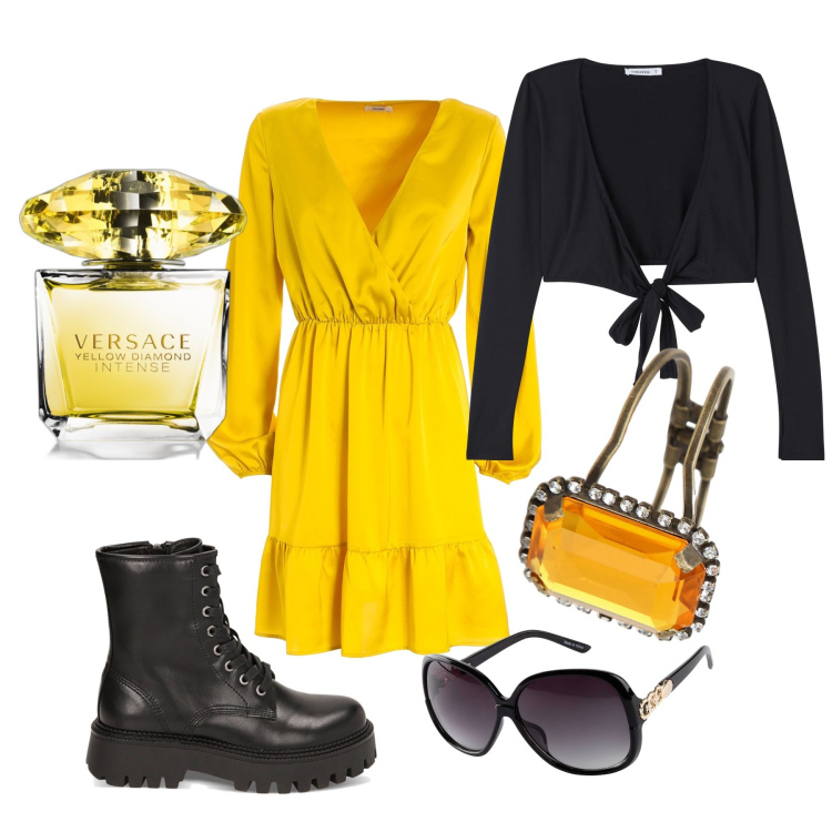 Outfit donna - Sunny look. Stile Glamour per Tutti i giorni. Abbinamento con occhiali da sole, profumi, blazer, vestiti, anfibi, braccialetti.