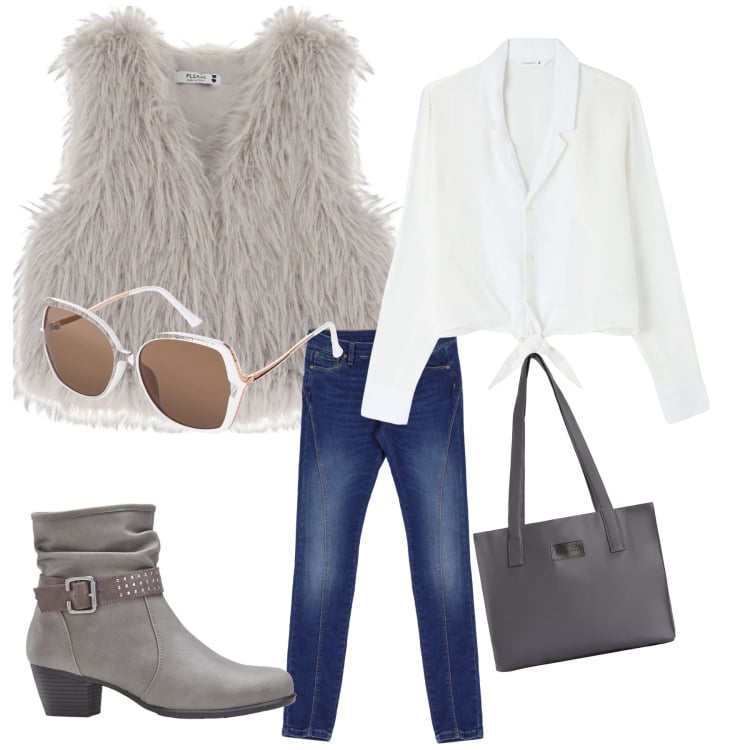Outfit donna - Trend look. Stile Casual per Tutti i giorni. Abbinamento con stivaletti, occhiali da sole, gilet, jeans, camicie, shopping bag.