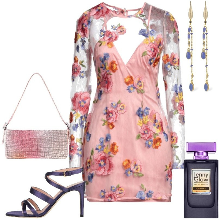 Outfit donna - Cerimonia/marzo. Stile Romantica per Cerimonia. Abbinamento con vestiti corti, sandali in pelle, profumi, orecchini, borse a spalla.