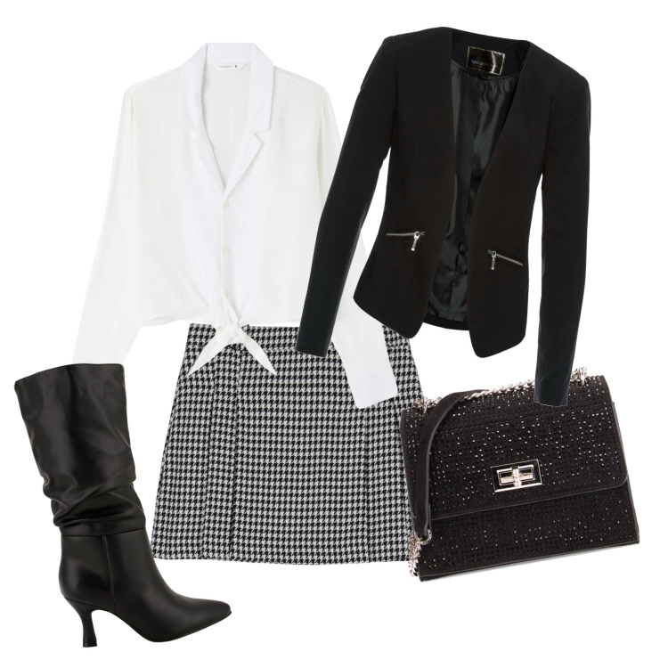 Outfit donna - Blazer love. Stile Casual chic per Serata fuori. Abbinamento con blazer, camicie, gonne, stivali, borse a tracolla.