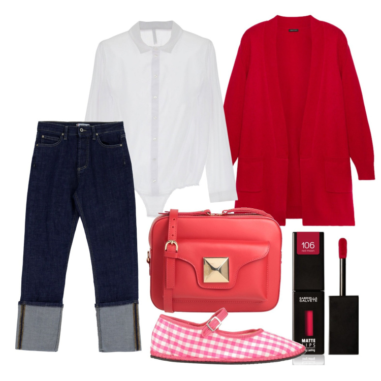 Outfit donna - Ghost outfitter - febbraio. Stile Trendy per Ufficio. Abbinamento con ballerine, borse a tracolla, rossetti, jeans slim fit, body, cardigans.
