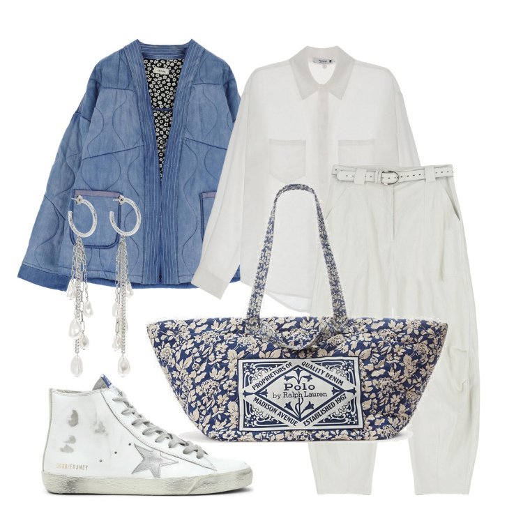 Outfit donna - Ghost outfitter - febbraio. Stile Casual per Tutti i giorni. Abbinamento con camicie, pantaloni, blazer, borse tote, orecchini, sneakers alte.