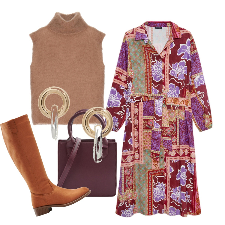 Outfit donna - Chemisier e smanicato. Stile Bon Ton per Tutti i giorni. Abbinamento con stivali, shopping bag, gilet, orecchini, vestiti lunghi.