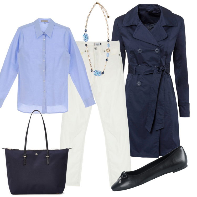 Outfit donna - City. Stile Urban per Tutti i giorni. Abbinamento con trench, ballerine, jeans, camicie, borse tote, ciondoli.