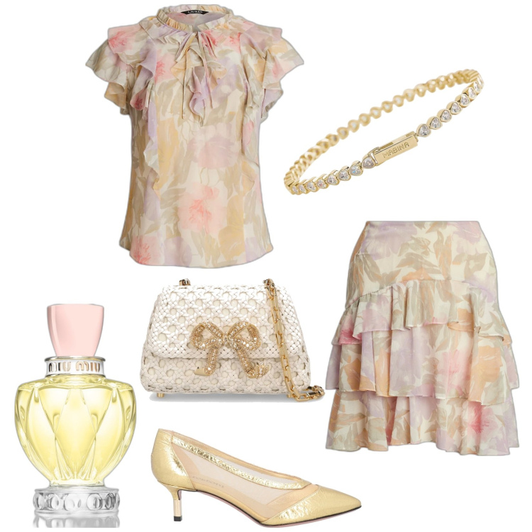 Outfit donna - Le scarpette d\'oro. Stile Romantica per Tutti i giorni. look ideale per Petite. Abbinamento con décolleté, profumi, braccialetti, camicie, gonne, borse a spalla.