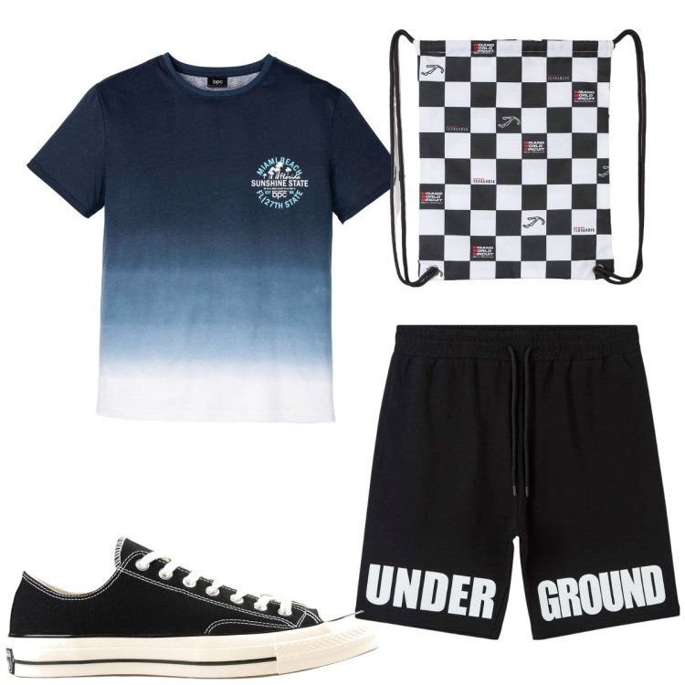 Outfit uomo - Total look #1822032. Stile Trendy per Sport. Abbinamento con t-shirt, sneakers, borse sportive, pantaloncini sportivi.