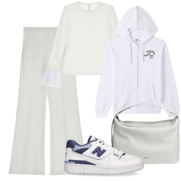 Outfit donna - Voglia di bianco. Stile Sporty chic per Tutti i giorni. Abbinamento con borse a spalla, felpe con cappuccio, pantaloni, t-shirt, sneakers.