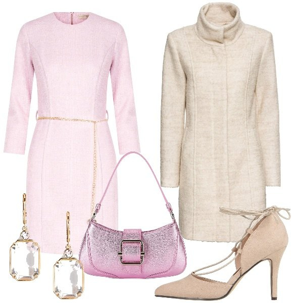 Outfit donna - Cerimonie di primavera. Stile Bon Ton per Cerimonia. Abbinamento con cappotti, décolleté, vestiti midi/longuette, orecchini, borse a spalla.