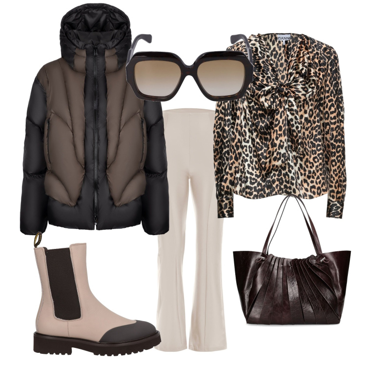 Outfit donna - Trendy in ufficio. Stile Trendy per Ufficio. Abbinamento con top, stivaletti, pantaloni, piumini, occhiali da sole, shopping bag.