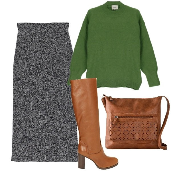 Outfit donna - Accessori color cuoio. Stile Urban per Tutti i giorni. Abbinamento con borse a tracolla, gonne lunghe, pullovers, stivali.