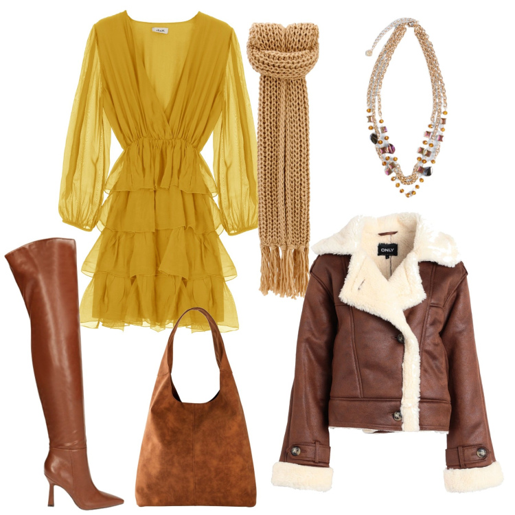 Outfit donna - Golden look. Stile Casual chic per Serata fuori. Abbinamento con shopping bag, blazer, stivali, vestiti corti, sciarpe, collane.