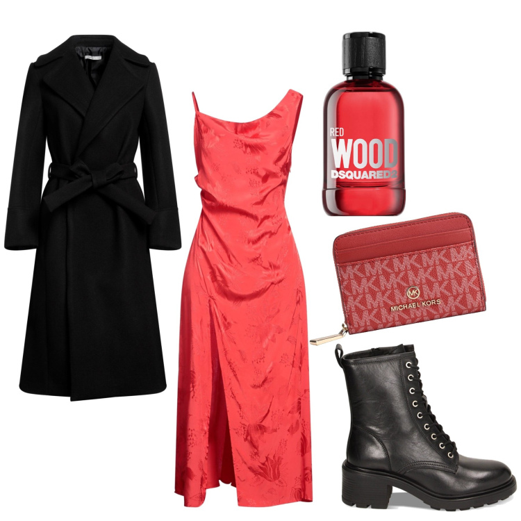 Outfit donna - Red love. Stile Sexy per Serata fuori. Abbinamento con vestiti midi/longuette, cappotti, portafogli, profumi, anfibi.