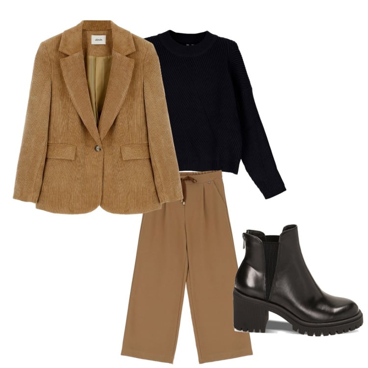 Outfit donna - Semplice. Stile Casual chic per Serata fuori. look ideale per Tall. Abbinamento con pullovers, cappotti, pantaloni a palazzo, stivaletti chelsea.