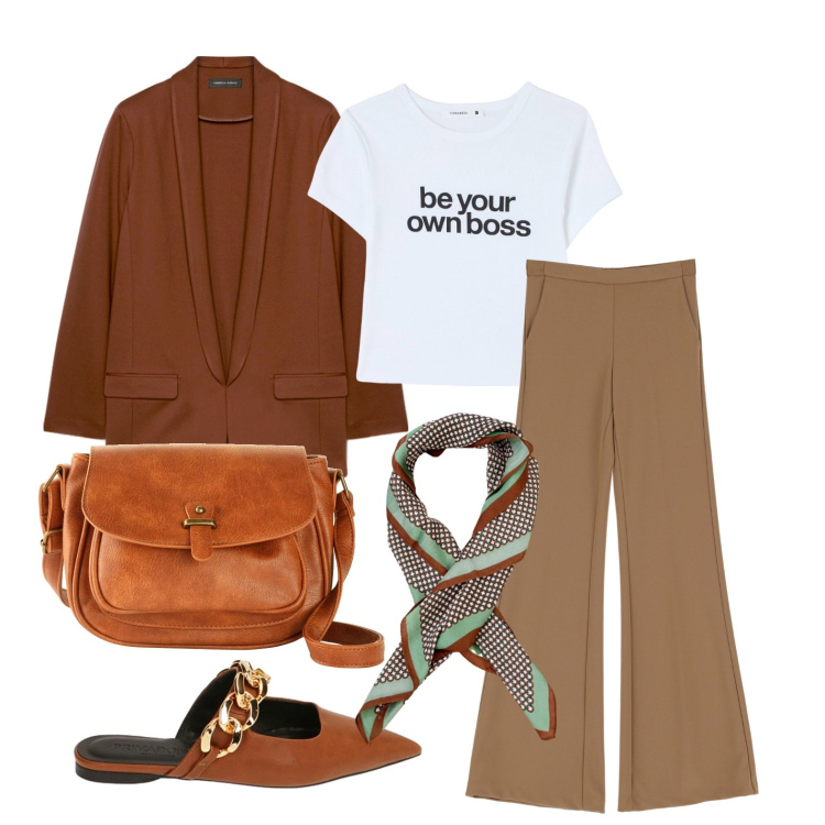 Outfit donna - Ghost outfitter - febbraio. Stile Casual per Tutti i giorni. Abbinamento con borse a tracolla, t-shirt, foulard, pantaloni, sabot, blazer.
