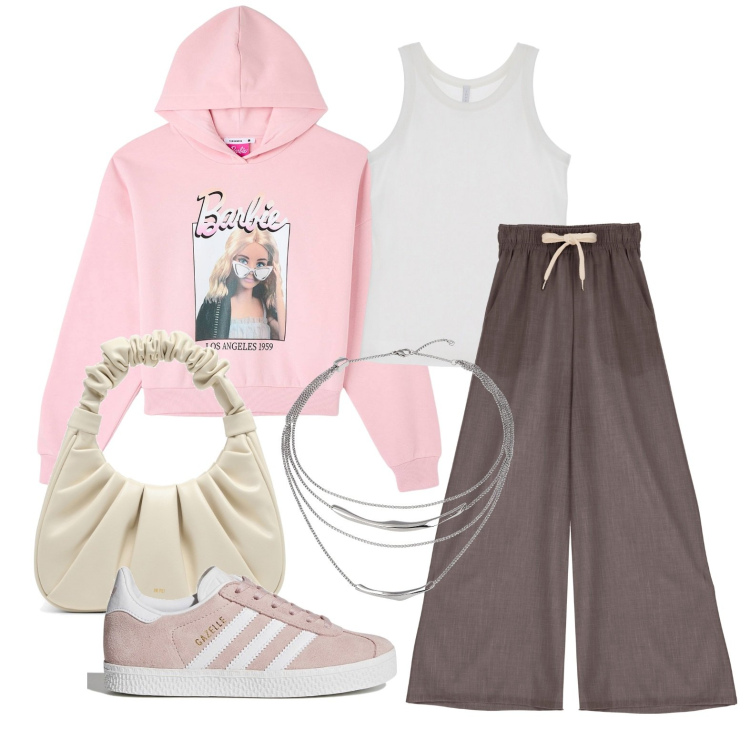 Outfit donna - Ghost outfitter - febbraio. Stile Trendy per Tutti i giorni. Abbinamento con collane, felpe con cappuccio, pantaloni a palazzo, top, sneakers, borse a mano.
