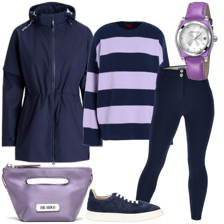 Outfit donna - Righe. Stile Casual per Tutti i giorni. Abbinamento con pullovers, orologi, sneakers, pantaloni skinny, cappotti, borse tote.