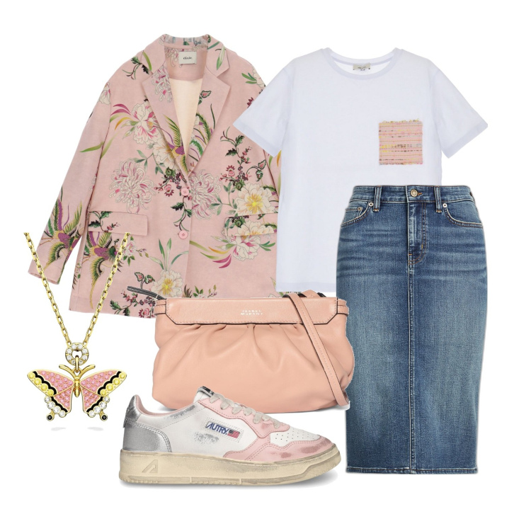 Outfit donna - Ghost outfitter - febbraio. Stile Casual per Tutti i giorni. Abbinamento con ciondoli, blazer, t-shirt, gonne, sneakers, borse a spalla.