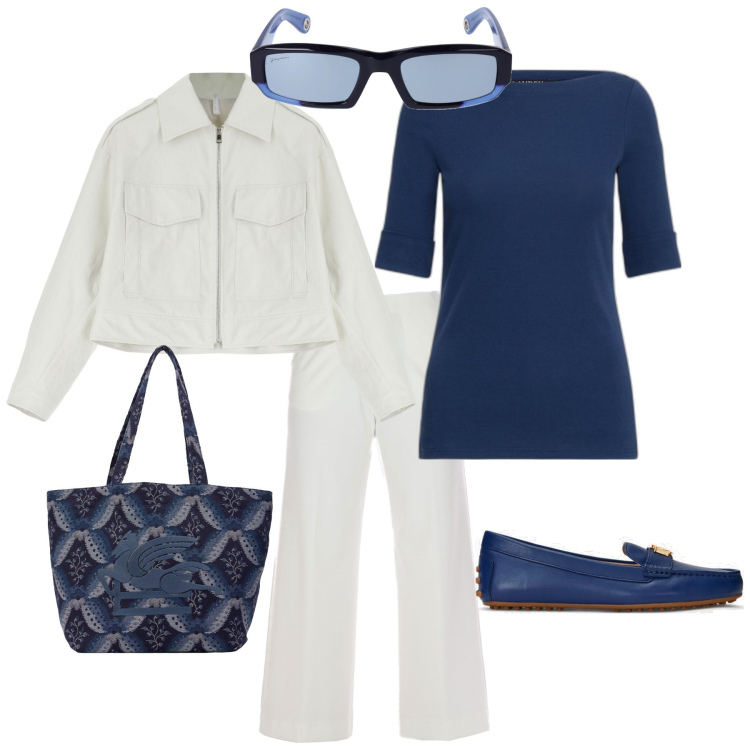 Outfit donna - Trendy per il tempo libero. Stile Trendy per Mare. Abbinamento con giacche, mocassini, t-shirt, shopping bag, pantaloni, occhiali da sole.