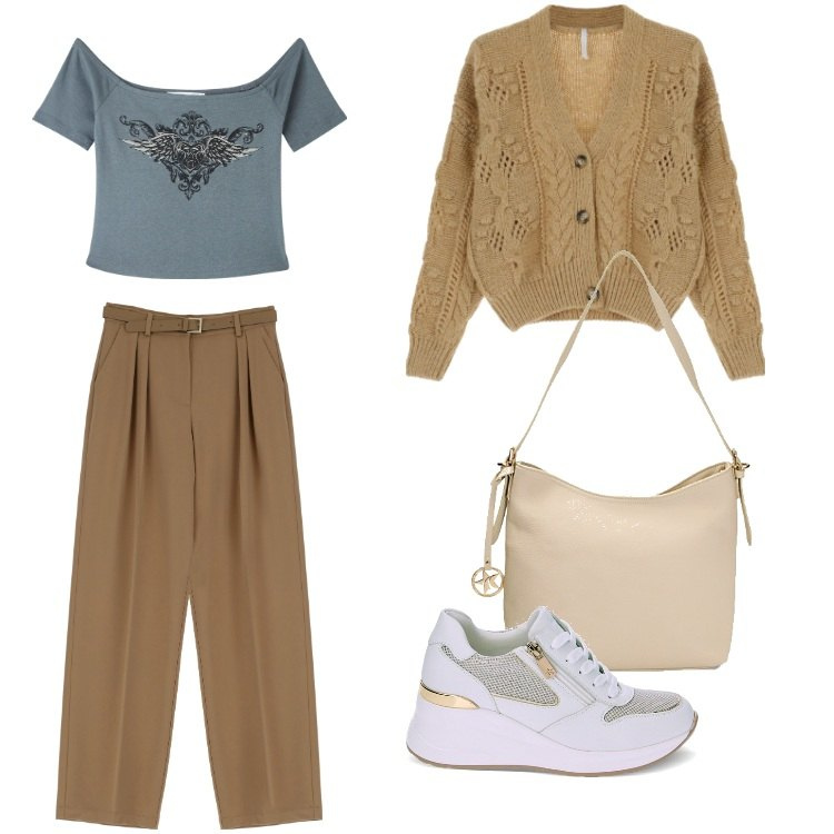 Outfit donna - Total look #1822192. Stile Casual per Tutti i giorni. Abbinamento con t-shirt, cardigans, pantaloni a palazzo, borse a spalla, sneakers.