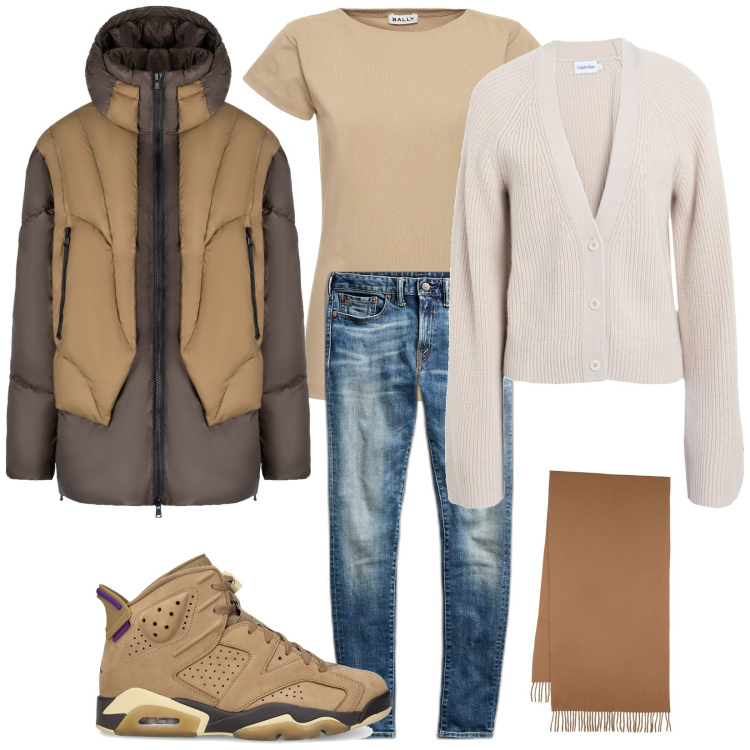 Outfit donna - Total look #1822213. Stile Casual per Tutti i giorni. Abbinamento con cardigans, jeans skinny, piumini, sciarpe, sneakers, t-shirt.