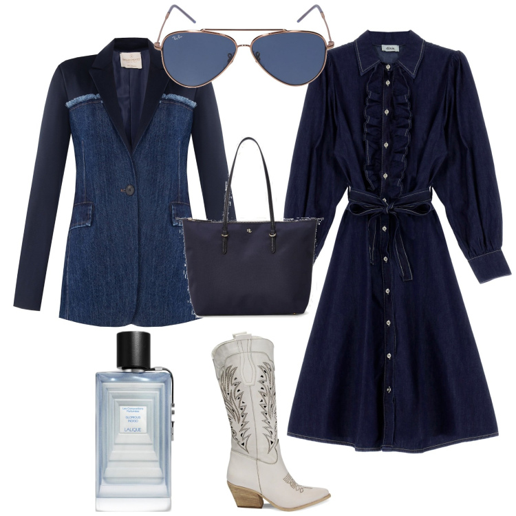 Outfit donna - Casual chic in ufficio. Stile Casual chic per Ufficio. Abbinamento con profumi, cappotti, stivali, borse tote, vestiti midi/longuette, occhiali da sole.
