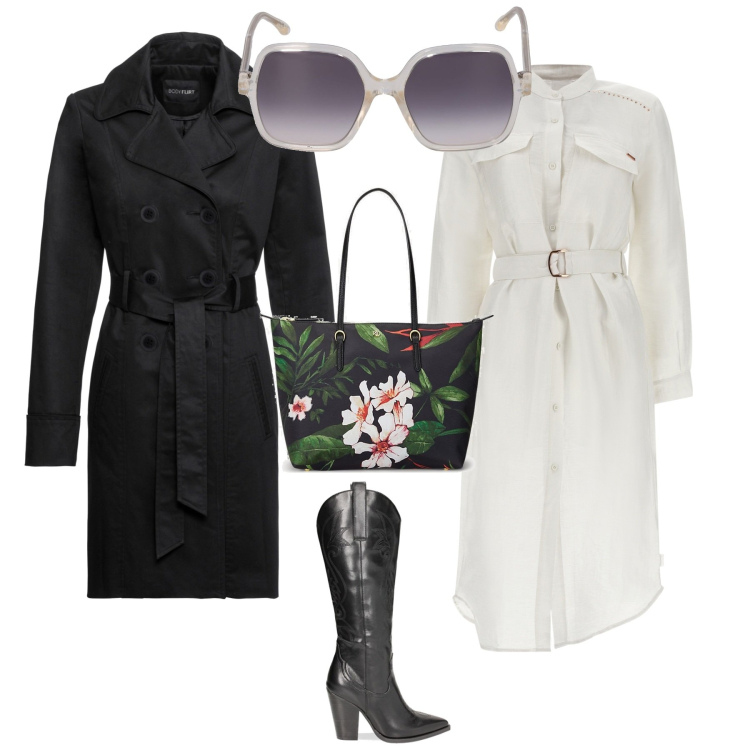 Outfit donna - Casual chic per l ufficio. Stile Casual chic per Ufficio. Abbinamento con trench, vestiti chemisier, stivali, borse tote, occhiali da sole.
