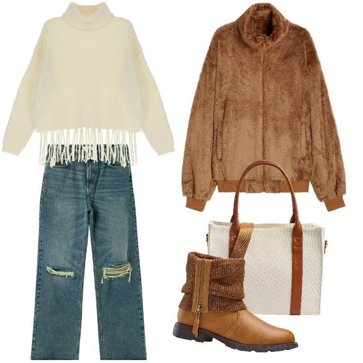 Outfit donna - Total look #1822257-Febbraio. Stile Boho per Tutti i giorni. Abbinamento con stivaletti, jeans strappati, shopping bag, maglieria, blazer.