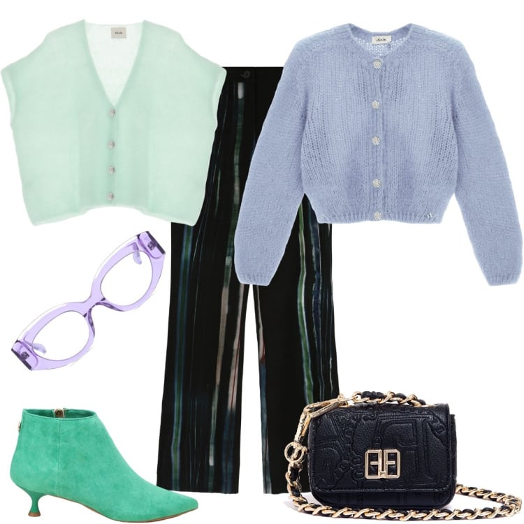 Outfit donna - Pastel knit. per Serata fuori. Abbinamento con marsupi, cardigans, stivaletti, pantaloni a palazzo, cardigans, occhiali da sole.